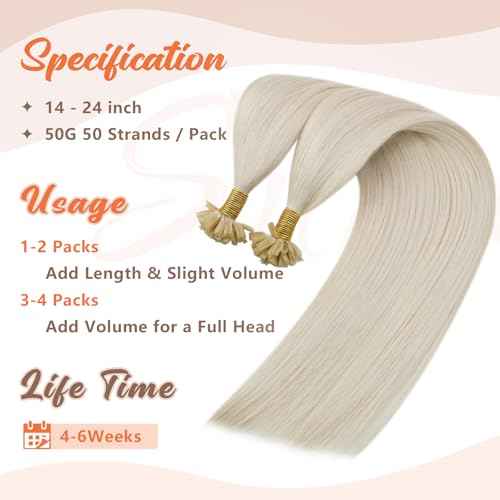 Sunny Hair Long U Tip Hair Extensions Human Hair White Color K Tip Hair Extensions Real Human Hair Blonde Keratin Bond Extensions Human Hair 24inch 50g