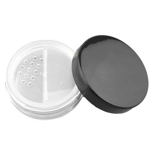 HAHIYO 1Pcs 10ml/0.34oz Plastic Empty Travel Compact Case Makeup Cosmetic Jar Refillable Powder Box No Leak Powder Holder with Rotatable Sifter and Black Screw Lid