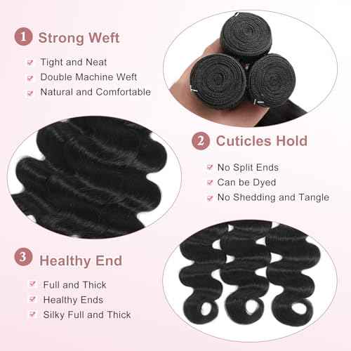 Body Wave Bundles Human Hair 20 22 24 Inch Human Hair Brazilian Virgin Hair 3 Bundles Body Weave for Black Women Natural Black