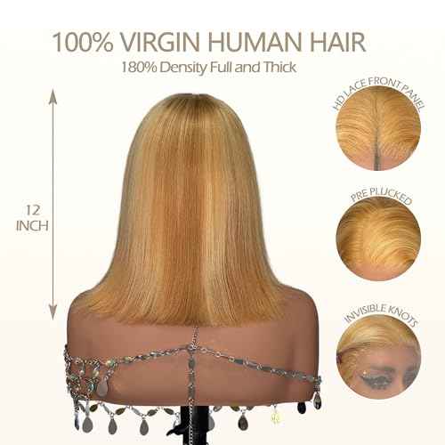 Highlight Blonde Bob Wigs Human Hair Strwberry Blonde mix with Bleach Blonde Short Bob Wig Human Hair for Women 13x4 HD Lace Front Wig Pre Pluckd Glueless Wigs 180% Density Bleached Knots
