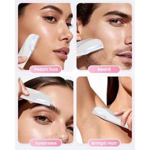 Dermaplane Razor For Women Face, 3 Adjustable Dermaplaning Tool, Facial Hair Removal Razors with Led Light for Peach Fuzz,Rechargeable Sonicsmooth Facial Hair Remover with 8 Replacement Blades (White)