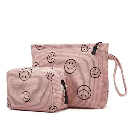 Makeup bag set small Cosmetic bag for women purse Corduroy Organizer with interior Pockets,cute Pencil zipper Pouch travel Toiletry Bag with handle(Smile face Pink)
