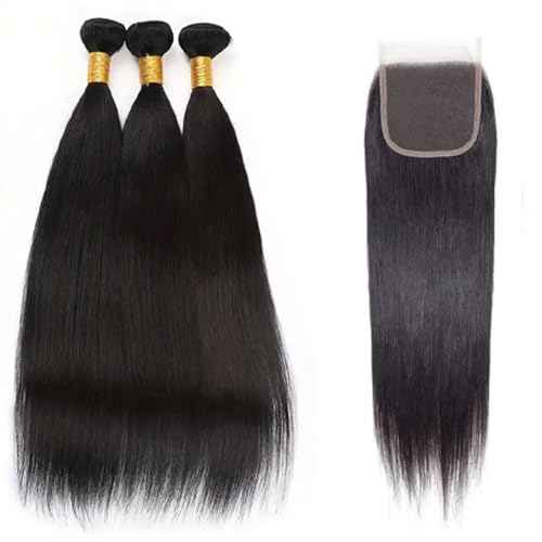 Straight Bundles with Closure Human Hair 20 22 24+18 Inch 100% Brazilian Unprocessed Virgin Body Wave 3 Bundles Human Hair with 4x4 Free Part Lace Closure Natural Black