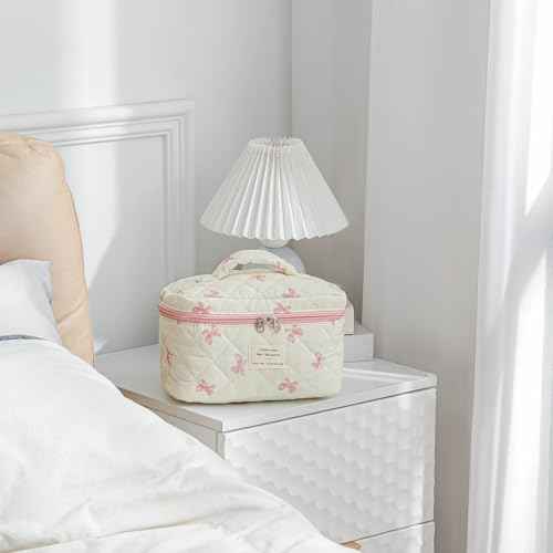 Large Quilted Makeup Bag for Women and Girls, Cute Coquette Floral Cotton Cosmetic Bag, Aesthetic Travel Organized Toiletry Bags (07White Pink Bows)
