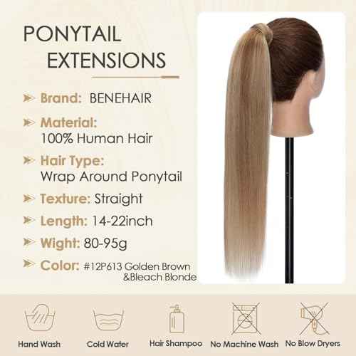 Benehair Ponytail Extension Wrap Around Ponytail Hair Extension with Magic Paste Human Hair Natural Long Straight One piece Hairpieces for Women 22inch Adding Volume Golden Brown&Bleach Blonde #12P613