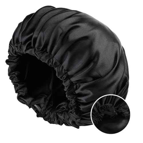 Satin Bonnet Silk Bonnet for Sleeping Women and Men, Ajustable Hair Bonnet for Curly Hair with Double Layer Hair Bonnet,Black - Black,Medium