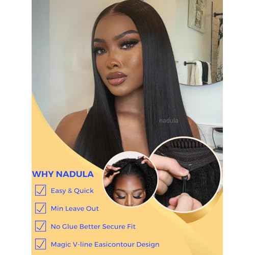 Nadula EasiContour V Part Yaki Straight Human Hair No Leave Out Clip in V-part Wig,12A Glueless Upgrade U Part Light Kinky Straight Human Hair Wig 180% Density with Elastic Drawstring 16inch