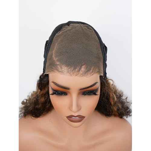 ISEE Hair Highlight Glueless Bob Wigs Human Hair Pre Plucked Pre Cut 2/30 Honey Blonde Curly Human Hair Wig for Black Women Ombre Water Wave 5x7 HD Lace Closure Wigs with Elastic Band 14 Inch