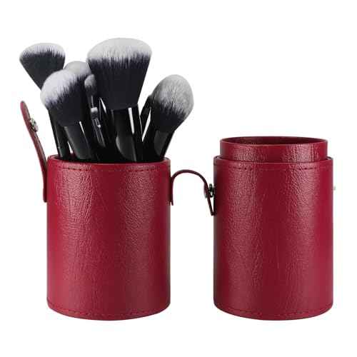 Portable Makeup Brush Case,Pu Leather Makeup Brush Holder with Button,Travel Cup Storage Dustproof Makeup Cosmetic Bags for Women (Red)