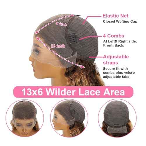 Highlight Ombre Lace Front Wig Human Hair Pre Plucked 13x6 HD Honey Blonde 4/27 Deep Wave Lace Frontal Wigs 200% Density Glueless Colored Wigs for Women Wet and Wavy Lace Front 18 Inch