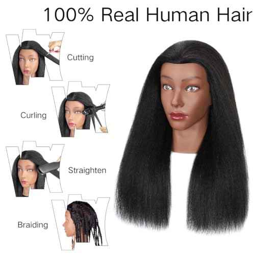 18" MQHIHI Mannequin Head Human Hair with Tripod Set, 100% Real Hair Cosmetology Manikin Doll Head for Hairdresser Practice Braiding with Tripod Set and Tools