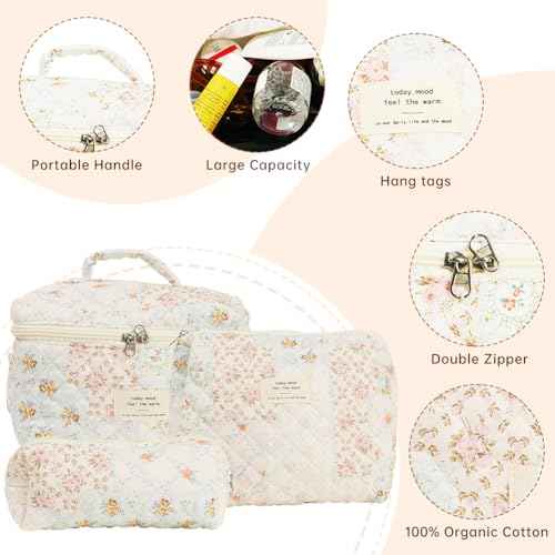 Generic Quilted Makeup Bag Set, Cute Cotton Floral Makeup Bag, Aesthetic Coquette Toiletry Bag, For Travel Toiletry (Bee Flower)