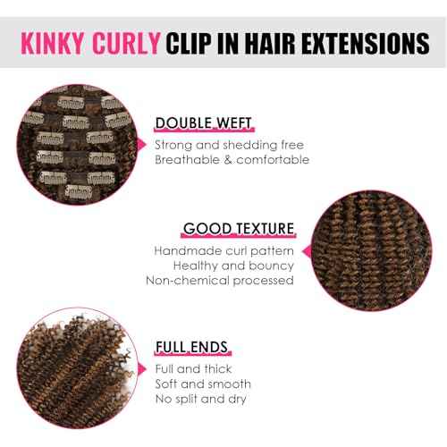 Kinky Curly Clip in Hair Extensions 120g Double Weft Curly Hair Extensions #P4/27 Dark Brown Highlight Blonde Kinky Curly Clip ins Remy Human Hair Clip in Extensions 7Pcs 18 Inch
