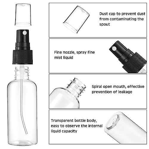Roshtia 200 Pcs 2 oz Plastic Mini Spray Bottles with Black Cap Clear Empty Fine Mist Spray Bottles Refillable Liquid Container for Essential Oils Perfumes Travel Makeup