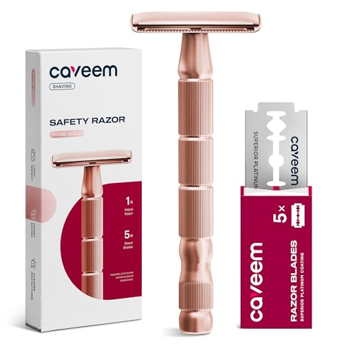 Rose Gold Double-Edge Safety Razor, Single-Blade Razors with 5 Stainless Steel Blades, Reusable Metal Razor for Men and Women