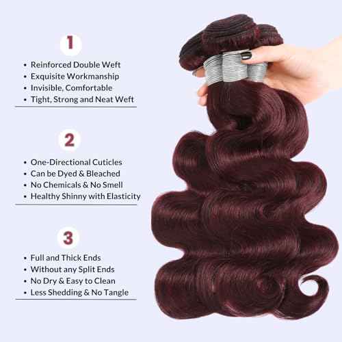 Dark Burgundy 3 Bundles Human Hair Body Wave 12 14 16 Inch, 99J 12A Sew In Wavy Weave Bundles Red Colored 100% Brazilian Virgin Remy Human Hair Soft Shiny #99j Wine Color