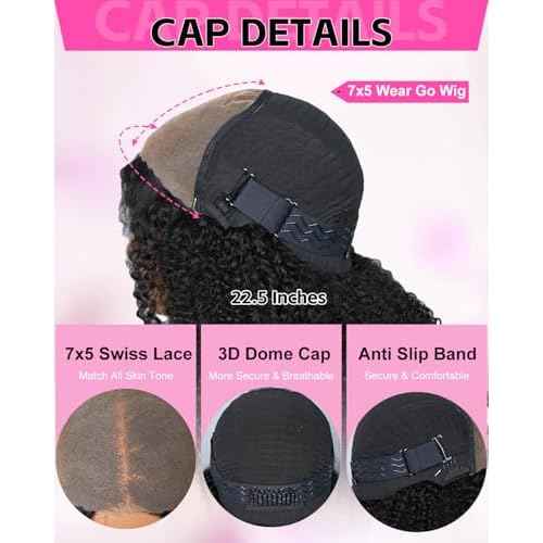 V SHOW Afro Kinky Curly Wear and Go Glueless Wigs Human Hair Pre Plucked Pre Cut 7x5 HD Lace Front Wigs Pre Bleached Bye Bye Knots 180% Density Afro Curly Lace Closure Wig Human Hair for Women 18 Inch