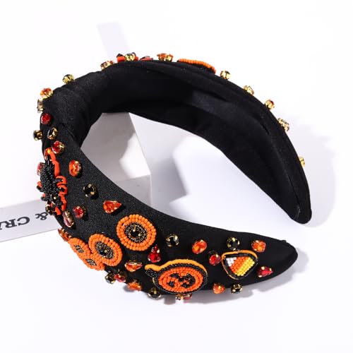 MOLOCH Halloween Headbands for Women Spooky Ghost Spiderweb Pumpkin Knotted Headband Beaded Crystal Embellished Wide Headband Halloween Costume Hair Accessories