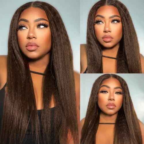 Color #4 Bundles Dark Brown Kinky Staright Human Hair Bundles Chocolate Brown Bundles Human Hair 3 Bundles 20 22 24 Inch Color #4 Yaki Straight Bundles