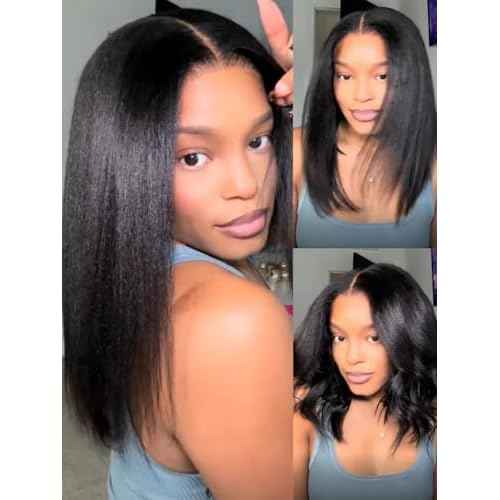 Julia Hair 12 Inch Yaki Straight Drawstring Wigs Human Hair Put On and Go Glueless Bob Wig 7x5 Bye Bye Knots Pre Plucked Pre-Cut Lace Closure Wig Beginner Friendly Black Short Yaki Bob Bleached Knots