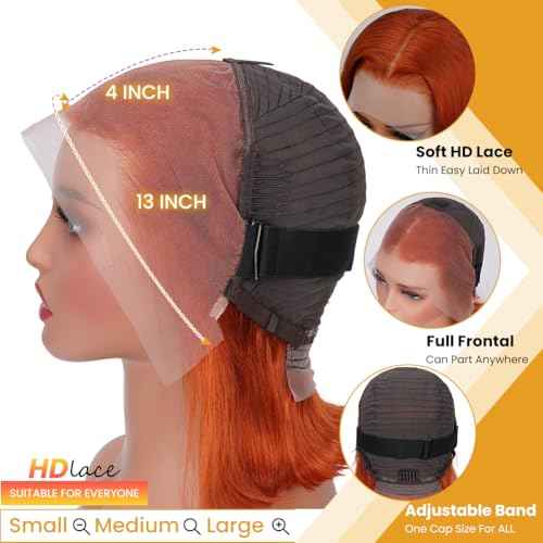 Ginger Orange Bob Wig Human Hair 13x4 HD Lace Frontal Wigs Human Hair for Women Ginger Glueless Short Straight Bob Lace Frontal Wigs 180% Density #350 10 Inch