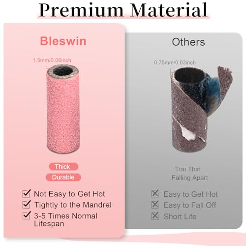 300Pcs Small Sanding Bands for Nail Drill Bits Set, Mini Sanding Bands with 2 Mandrel Bits Coarse Fine Grit #150#180#240 Grits, Professional for Acrylic Nails Manicures and Pedicure-Pink