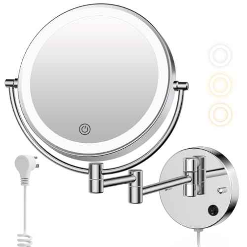 FASCINATE Wall Mounted Makeup Mirror with Lights, Magnifying Mirror 10X/1X Double-Sided, Plug-in Vanity Mirror with 3 Color Lights & Brightness Dimmable, 360¡ÆSwivel Extendable for Grooming & Shaving