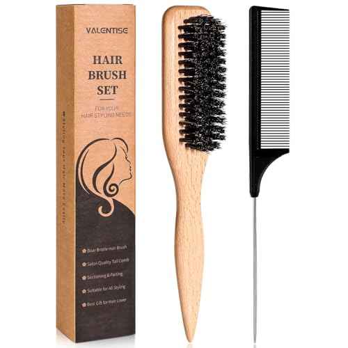 Boar Bristle Slick Back Hair Brush, Teasing Hair Brush with Black Carbon Fiber and Stainless Steel Tail Comb, Slick Hair Brush Set for Parting and Sectioning, Suitable for All Styling