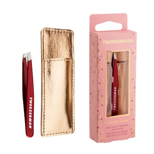 Tweezerman Vintage Rose Mini Slant Tweezer with Case - Eyebrow Tweezers for Women and Men