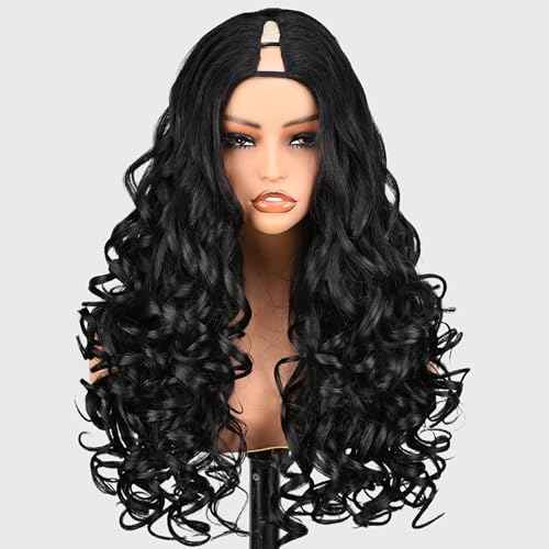 SOKU Long Curly V Part Wig 22 Inch Natural Black Curly Half Wig Upgrade U Part Synthetic Hair Daily Wigs Ready to Wear Glueless for Black Women