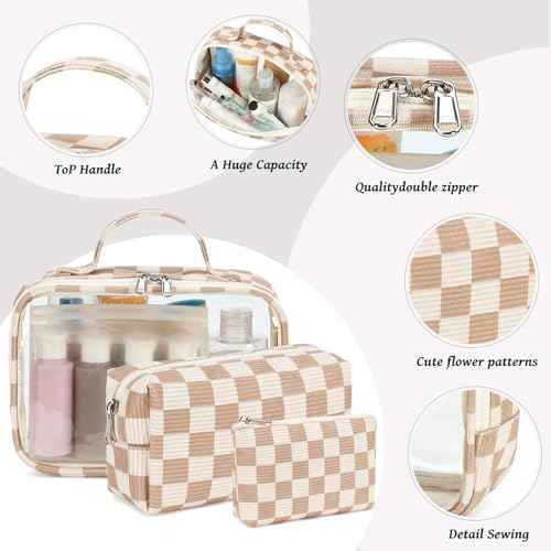Bluboon 3Pcs Makeup Toiletry Bag for Women, Clear Packing Cubes Cosmetic Bag for Travel Women With Zipper Travel Essentials (Corduroy Checkered)