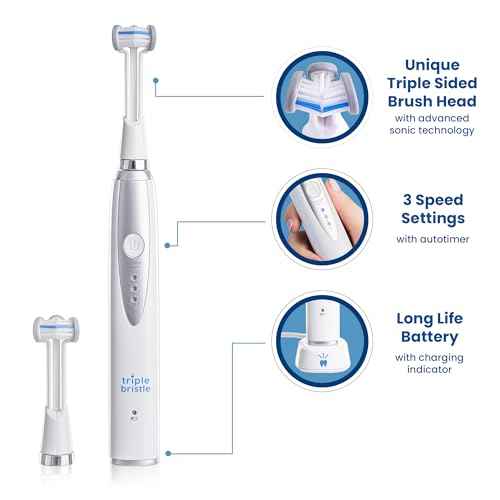 Triple Bristle Kids Sonic Toothbrush | 1 Pack | 3 Sided Toothbrush to Clean Teeth and Gums | Dentist Created & Approved | Fun Sticker Rewards | Rechargeable Three Sided Toothbrush for Kids