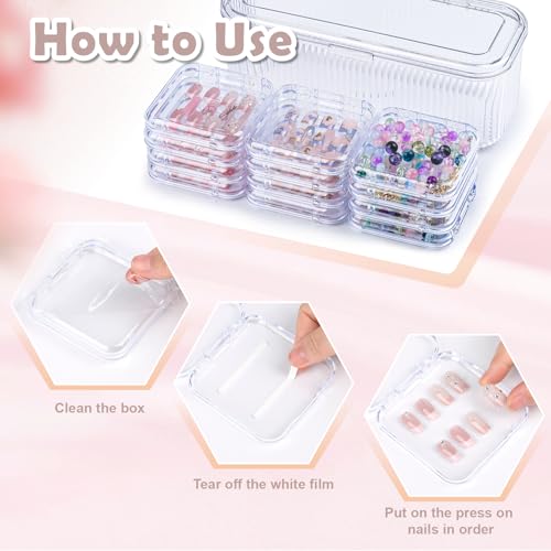 Press On Nail Orgnizer 12pcs 3.3inch Clear nail storage box and 1 large storage box for Press On Nail Packaging and fake Nail Storage Nail Display with double sided tape.