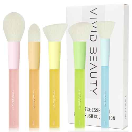 5pcs Multi Color Face Makeup Brush set ? Powder, Kabuki, Angled Fluff, Blush Brushes with Vegan Bristles That Mimic Natural Wool ? Non-Slip Rubber Handles ? Perfect for Contouring, Setting, Blending