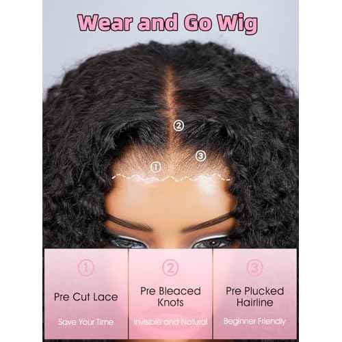 Glueless Wigs Human Hair Pre Plucked Pre Cut 18 Inch 7x5 Kinky Curly Lace Front 180% Density Glueless Wigs Human Hair for Women Wear and Go Closure Wig with Breathable Cap Natural Hairline