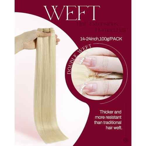 Moresoo Weft Hair Extensions Human Hair Blonde Double Weft Sew in Human Hair Extensions Golden Platinum Blonde Hair Wefts Human Hair Sew in Extensions Blonde Remy Hair 100G 22Inch