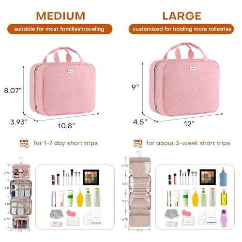 Toiletry Bag Travel Bag with Hanging Hook, Water-Resistant Makeup Cosmetic Bag Organizer for Accessories, Full-Size Shampoo and Toiletries, Large, Light Pink, BAF-019