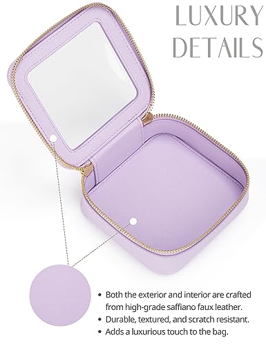 Small Cosmetic Bag for Purse Mini Makeup Bag for School Cute Clear Make Up Pouch for Travel Tiny Leather Purple Make Up Organizer Case for Backpack Toiletry Bag Waterproof Square Pouch with Zipper