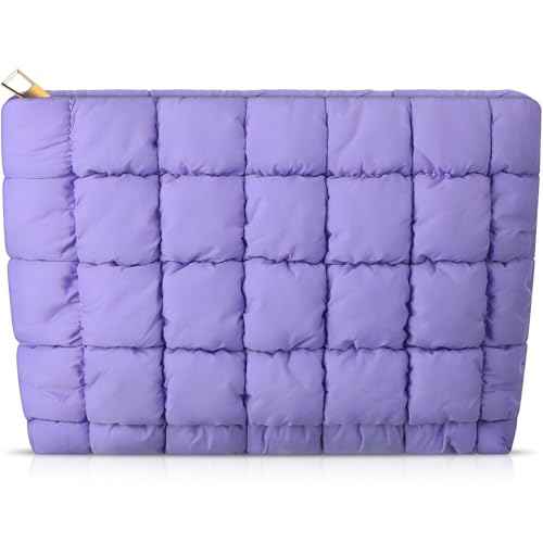 Hillban Purple Puffy Quilted Makeup Bag Quilted Cosmetic Bag Cute Puffer Toiletry Checkered Pouch Aesthetic Travel Makeup Brushes Organizer(Classic)