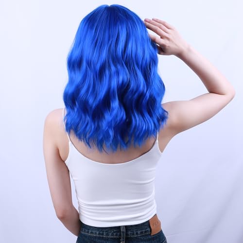 WTHCOS Blue Wig Short Curly Wig with Bangs Dark Blue Wig for Women Short Wave Wig Synthetic Wigs for Cosplay Costume Party with Wig Cap