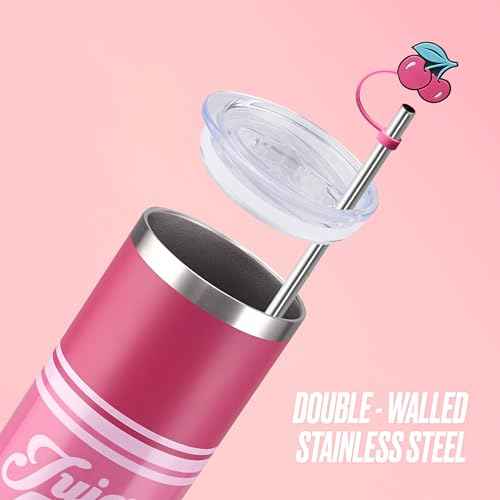 Juicy Couture Glam Slip 24oz Stainless Steel Hydration Tumbler with Straw Topper, Hot Pink Varsity