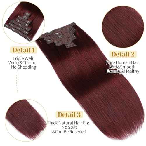 Clip in Hair Extensions Real Human Hair, Burgundy Red ? 16 Inch 7pcs 70g/Pack, Soft Hair Extensions Real Human Hair Clip ins Straight for Women, Capable for all Occasion (#99J 16 Inch)