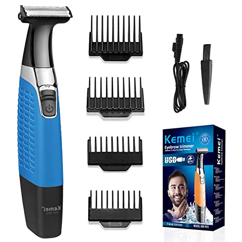 KEMEI Electric Razor, Beard Trimmer Men, Waterproof Beard Grooming,Cordless USB Rechargeable Body Groomer and Hair Remover for Eyebrow, Beard Facial& Body Hair for Men and Women,Blue