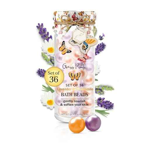 Grass Roots Bath Oil Beads Set of 36 - Lavender & Chamomile Scented Bath Beads - Essential Oil Soaked Pearls to Gently Nourish & Soften Skin - Luxurious Bath Experience