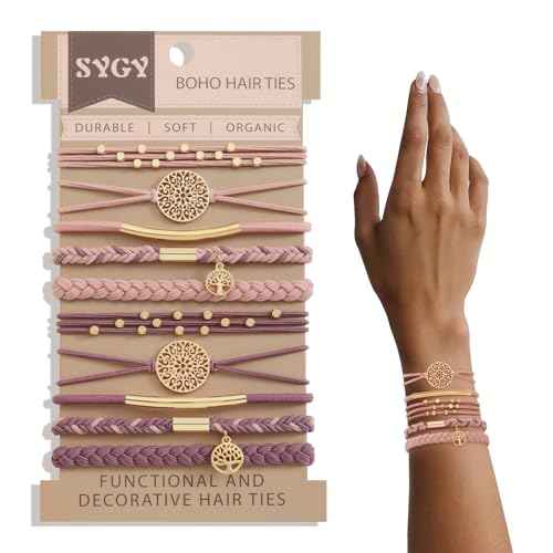 10 PCS Boho Hair Ties - No-Damage, Stretch Bracelets for Thick & Thin Hair, 5 Styles, Pink