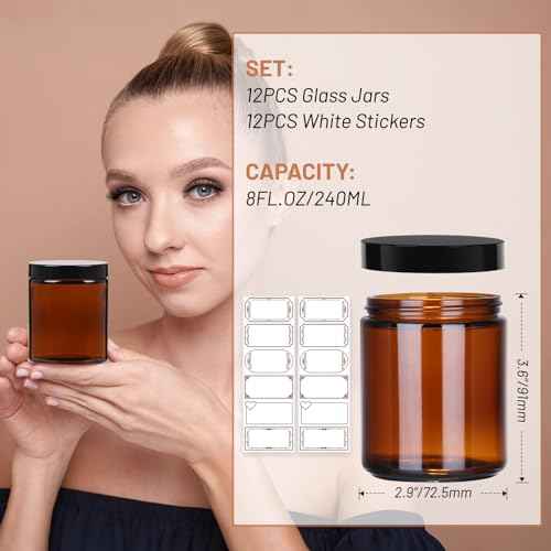 AuroTrends 8 oz Amber Glass Jars with Lids (12-Pack) - Candle Jars for Making Candles, Amber Cosmetic Cream Jar - Leakproof Plastic Lids & Labels Included (8fl.oz-12Pack)