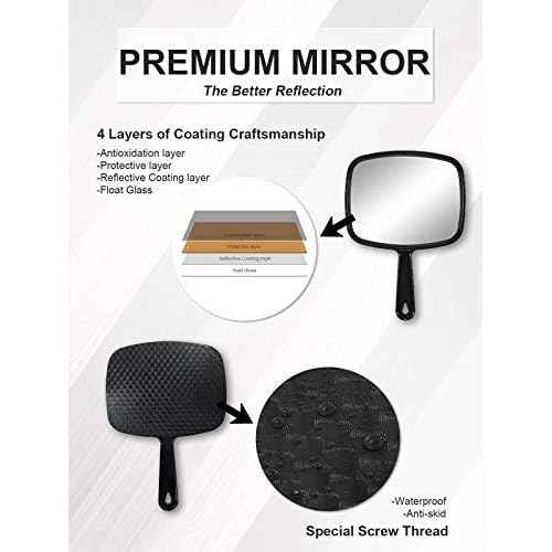 Hand Mirror, Barber Hairdressing Handheld Mirror with Handle for Salon, Square, Black, Medium,Pack of 3