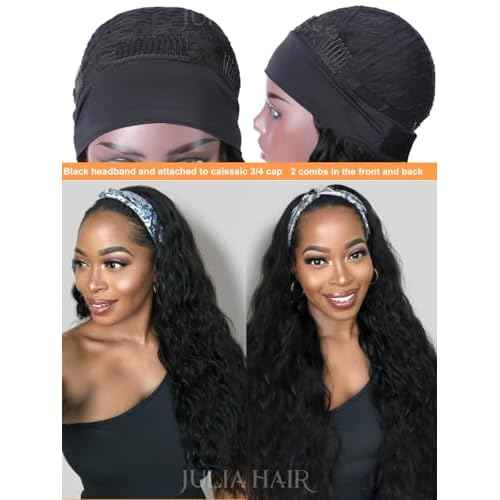 Julia Hair 12A Headband Human Hair Wigs Water Wave None Lace Front Glueless Wig With Pre-attached Scarf for Black Women Curly Deep Wave Put and Go Wig Natural Beginner-Friendly 18 Inch
