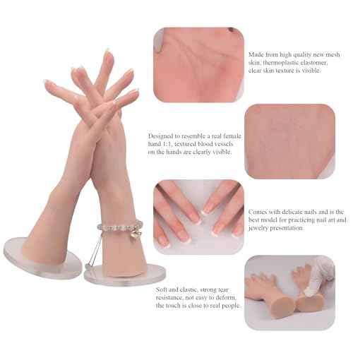 Silicone Realistic Female Hand Acrylic Nails Pratice Training For Nail Art Showing Jewelry Life Size Female Model Flexible Bendable (Pair Hand-Without Skeleton, Nude)