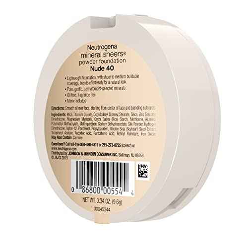 Neutrogena Mineral Sheers Compact Powder Foundation, Lightweight & Oil-Free Mineral Foundation, Fragrance-Free, Nude 40, .34 oz, 2 Pack